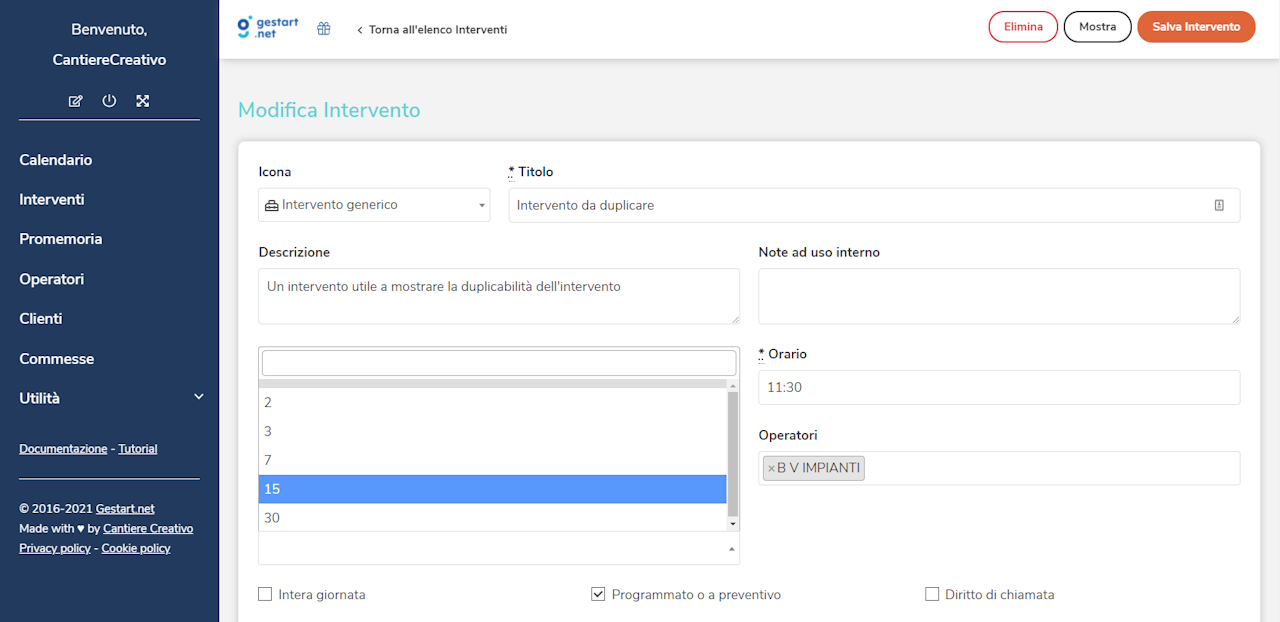 Dalla schermata di modifica interventi è possibile impostare un tempo di notifica differente.