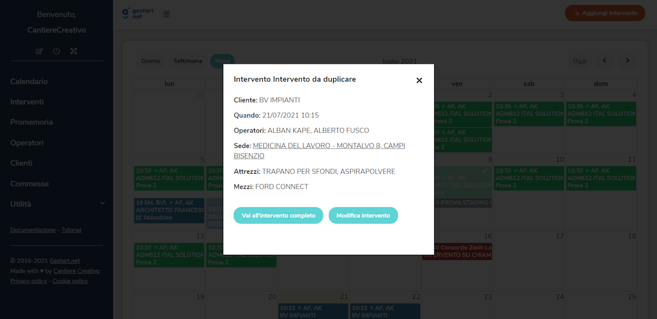 Il nuovo modale che si apre dal calendario interventi mostra la via e la sede corretta dell'intervento.