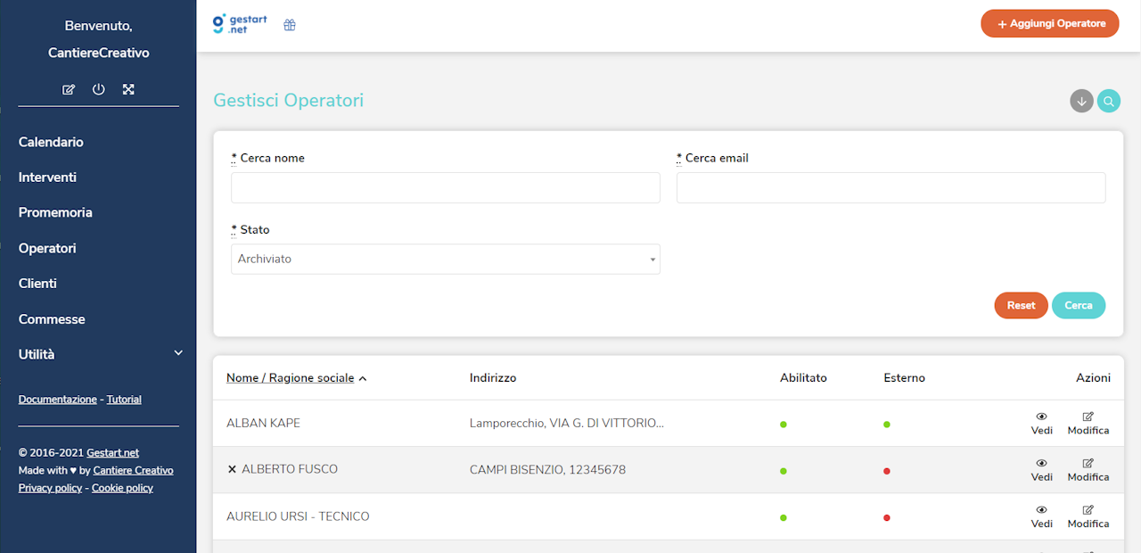 Usando la funzionalità ricerca nella gestione operatori o amministratori è possibile vedere gli utenti inattivi.