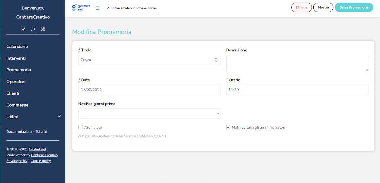 È possibile impostare notifiche fino a trenta giorni prima direttamente dalla pagina di modifica promemoria.