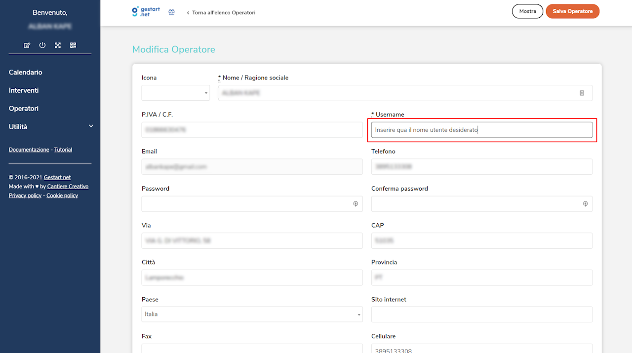 Gestart permette agli operatori di impostare il nome utente, o username, dal proprio profilo.