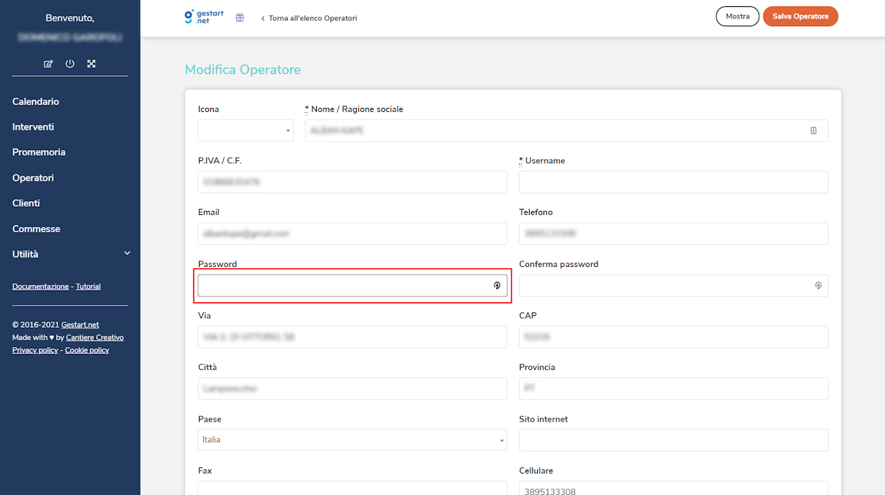 Gli amministratori possono impostare le nuove password degli operatori direttamente dal proprio pannello di controllo.