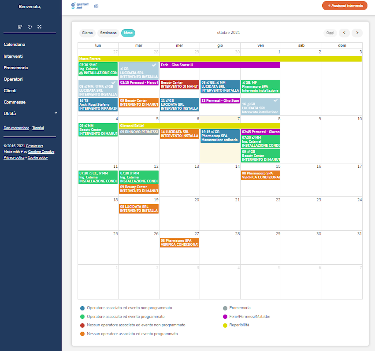Calendario della webapp Gestart che visualizza gli interventi in diversi colori