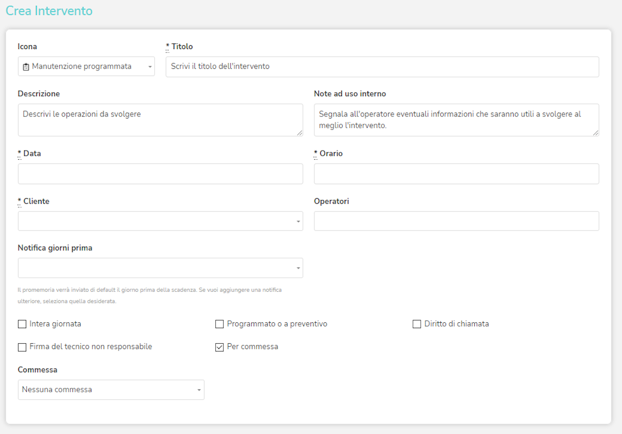 schermata della scheda intervento dal gestionale Gestart