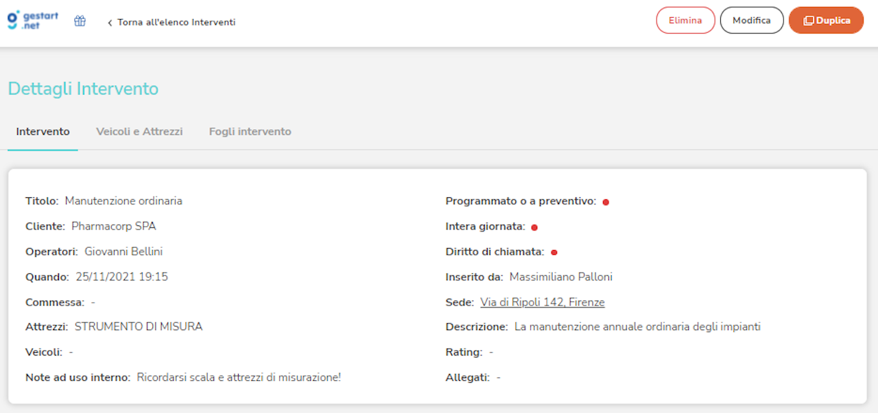 Dettagli della scheda intervento di Gestart che evidenzia il link a Google Maps nel campo indirizzo