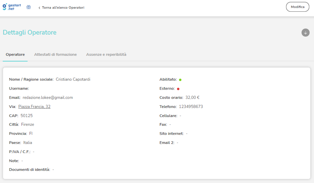 Schermata del gestionale Gestart con dettagli della scheda operatore che mostrano il link a Google Maps nel campo indirizzo