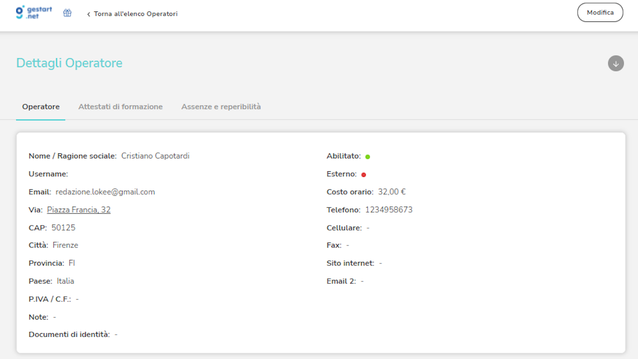 Schermata del gestionale che riporta i dati anagrafici di un operatore
