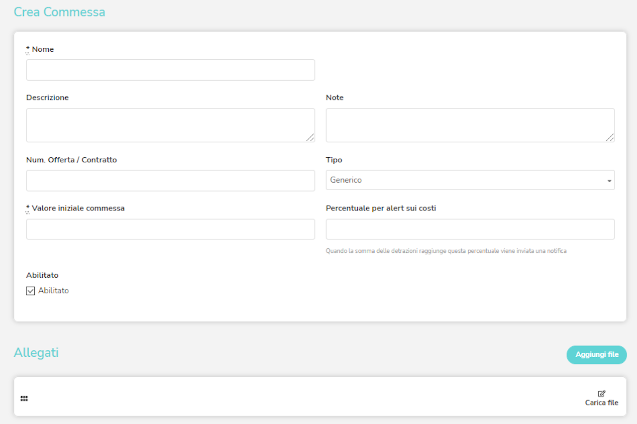 Schermata che mostra i campi da compilare nella sezione commessa di Gestart