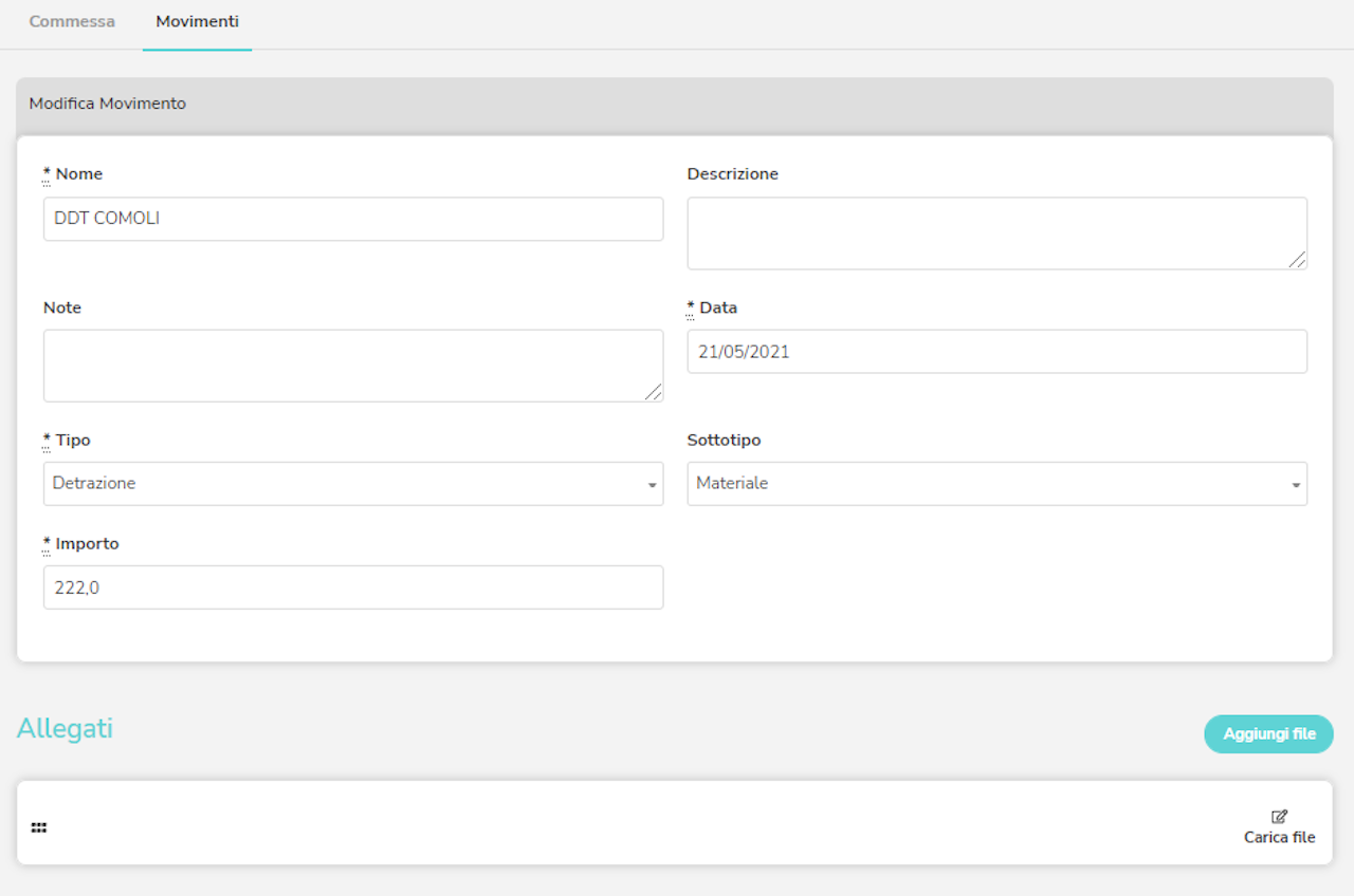 Schermata dei movimenti della commessa su Gestart.net