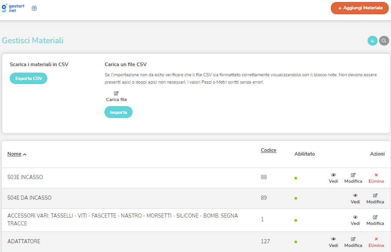 Schermata di gestione dei materiali di Gestart