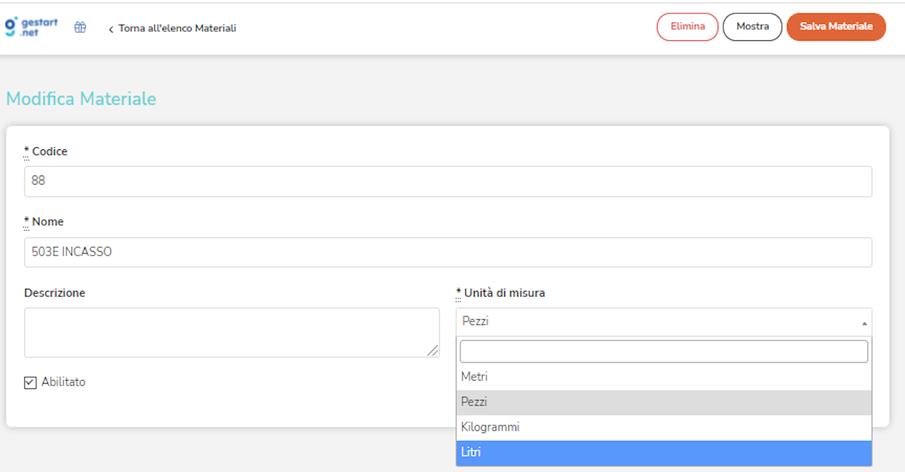 Schermata di Gestart app che mostra i dettagli dei materiali delle unità di misura