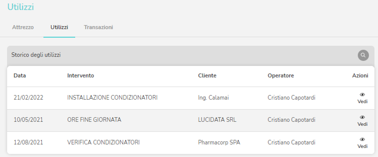 Schermata di riepilogo di Gestart app che riporta i dettagli di ogni utilizzo degli attrezzi 