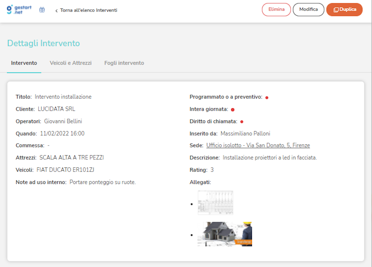 Schermata che mostra i dettagli di un intervento collegati alla sezione dei veicoli e attrezzi