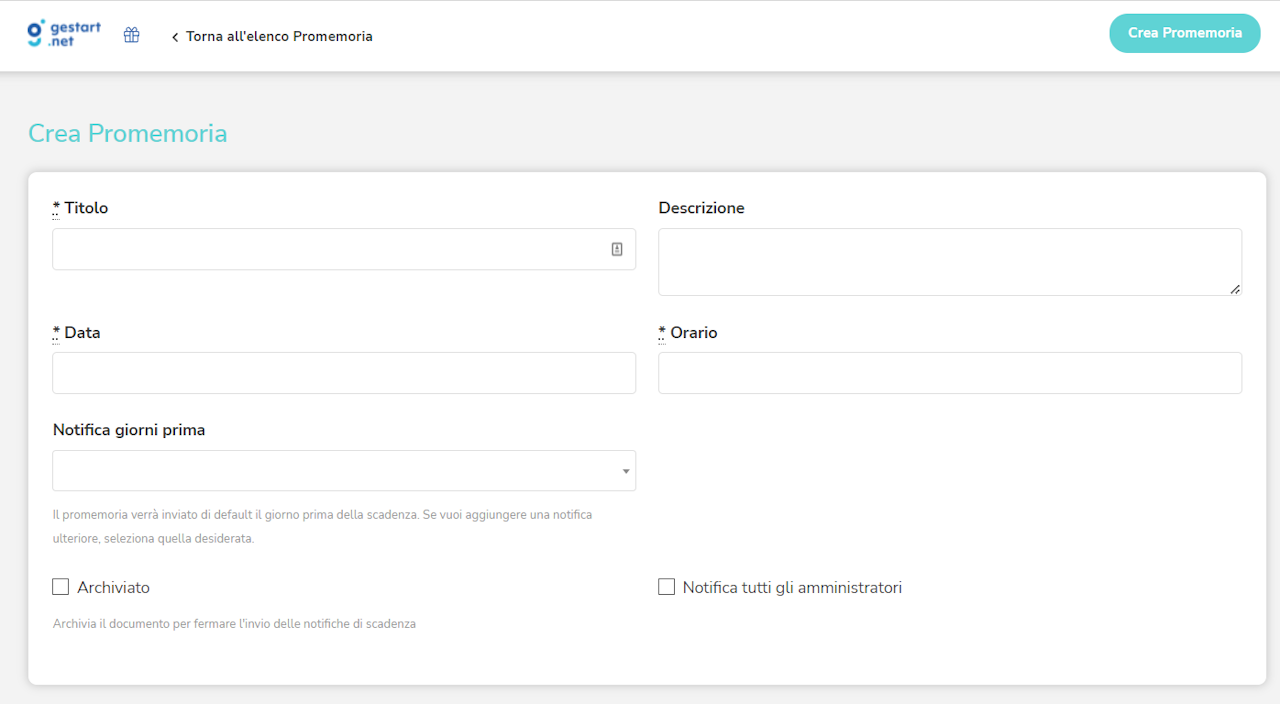 Schermata di Gestart app con i dettagli del promemoria da compilare