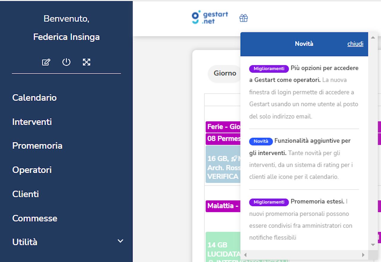 Schermata di Gestart app che mostra il menù a tendina sotto l'icona del regalo con gli aggiornamenti