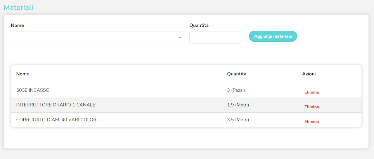 Esempio dell'uso delle virgole nella quantità dei materiali presenti nel foglio d'intervento.