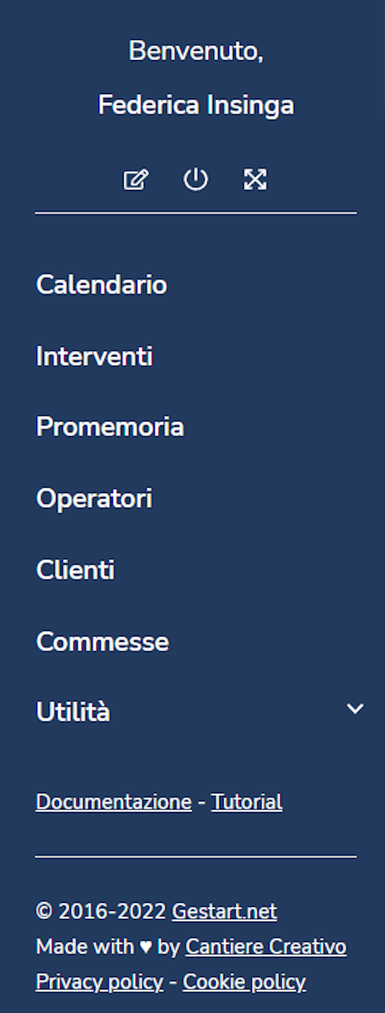 Menù laterale di Gestart app personalizzato per gli amministratori