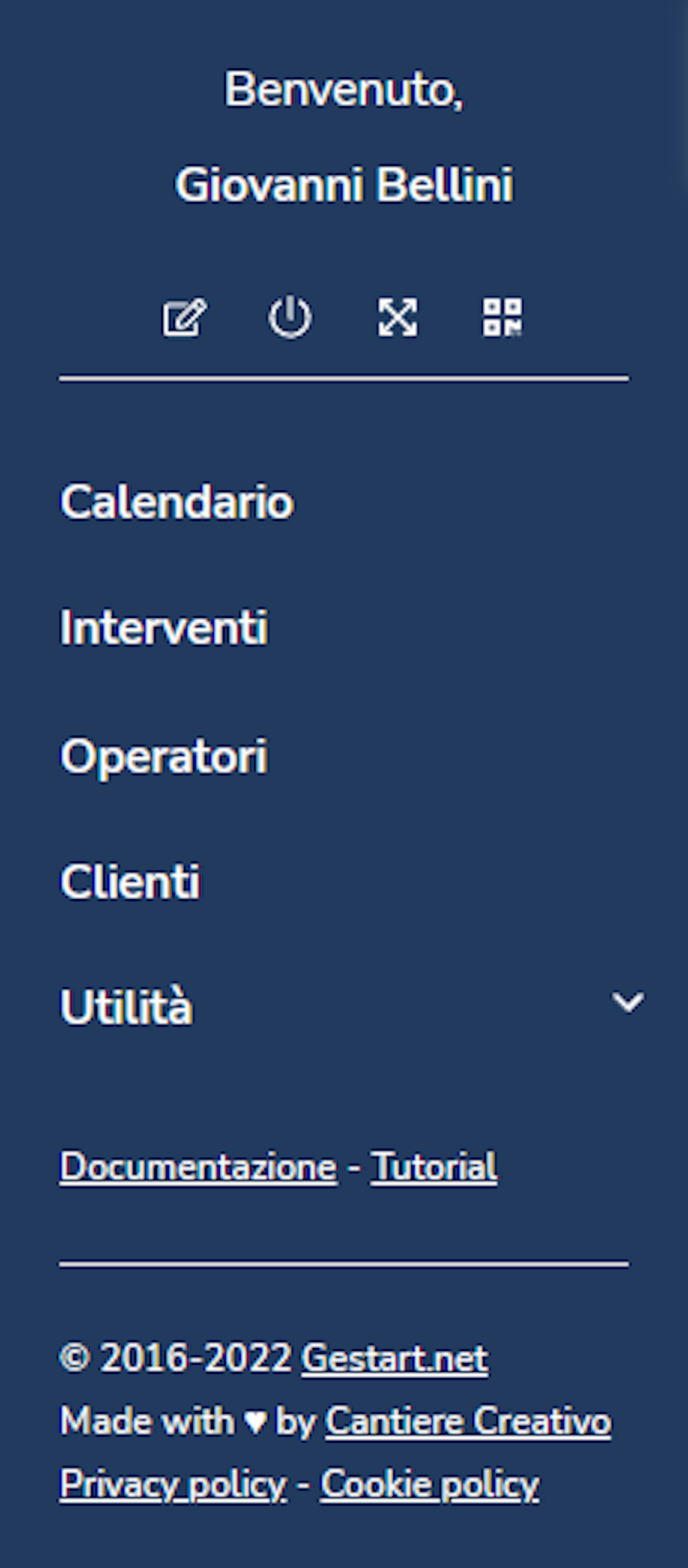 Menù laterale di Gestart App con l'interfaccia personalizzata per l'operatore