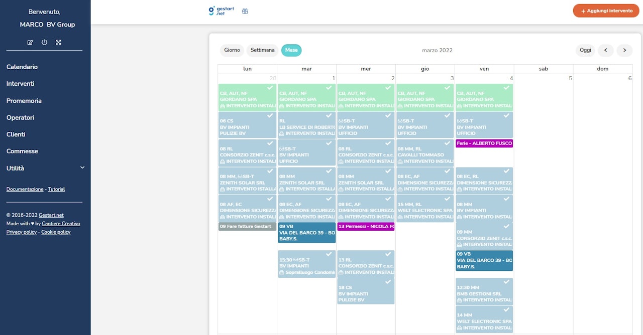 Schermata del calendario di Gestart App con vista mensile degli interventi completati