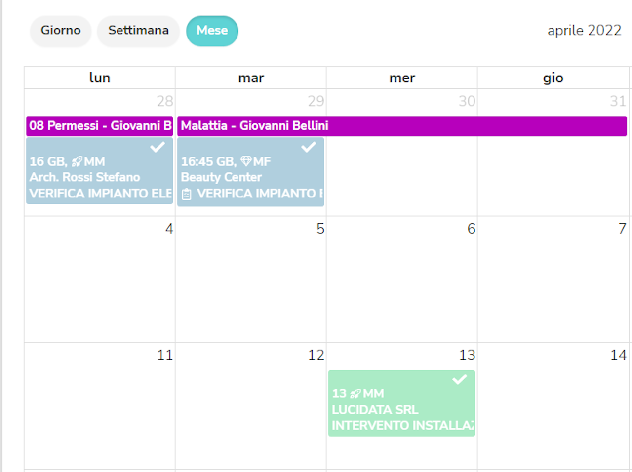 Screenshot del calendario di Gestart App che mostra gli interventi divisi per colore e i dettagli dell'operatore