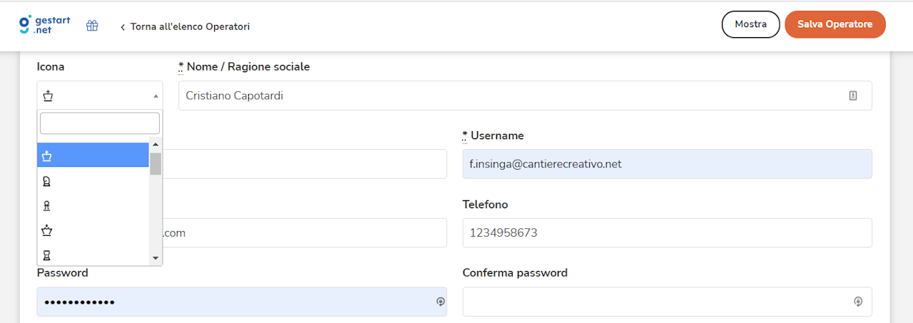 Screenshot di Gestart App che mostra la caselle delle icone che si possono associare agli operatori
