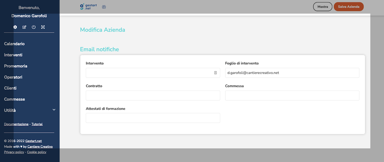 Screenshot che mostra la sezione delle notifiche aziendali su Gestart, divise per intervento, foglio di intervento, contratto, commessa e attestato di formazione.