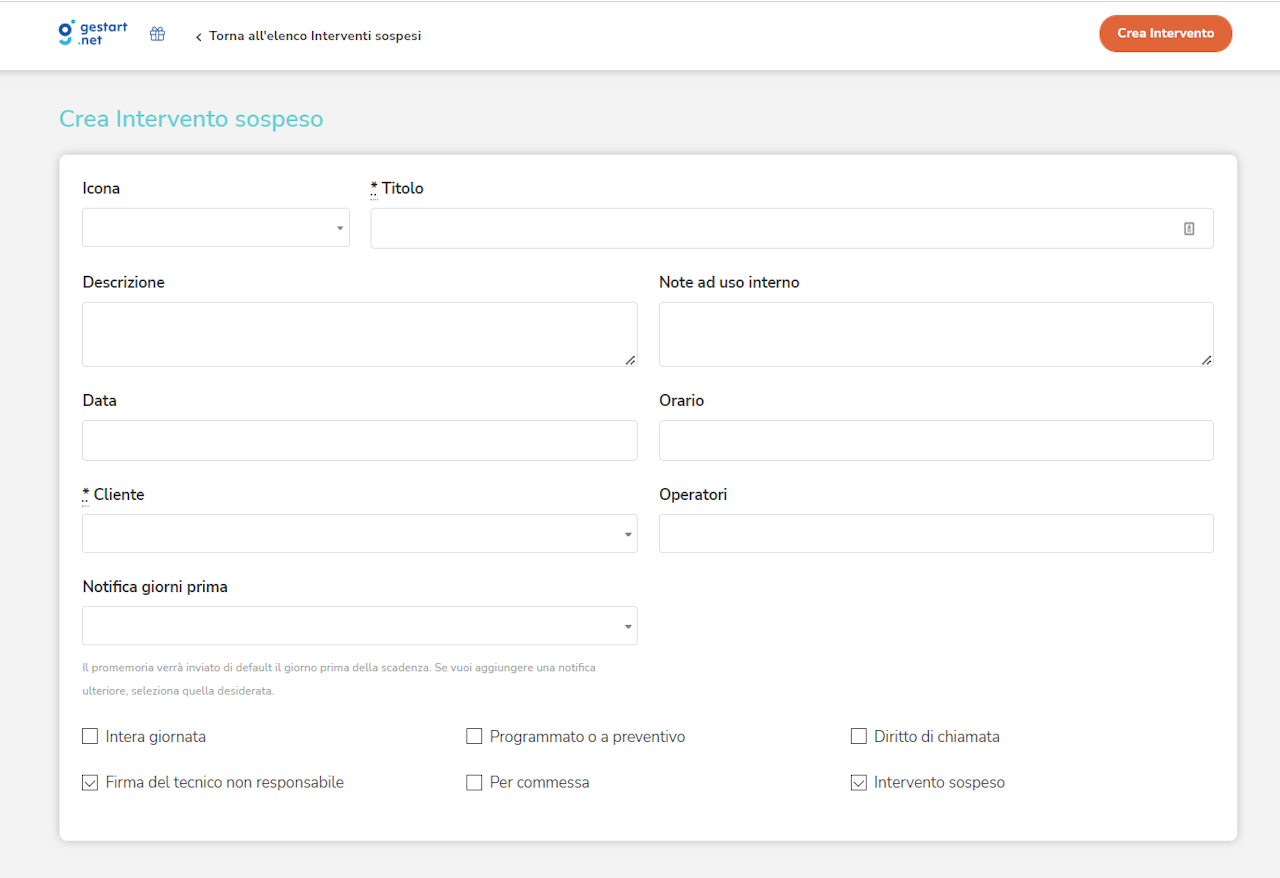 Schermata di Gestart App che mostra come creare un intervento sospeso