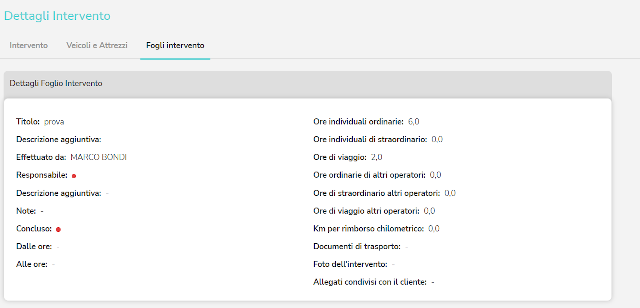 Foglio intervento che mostra la distinzione tra le ore lavorate e di viaggio con i km percorsi