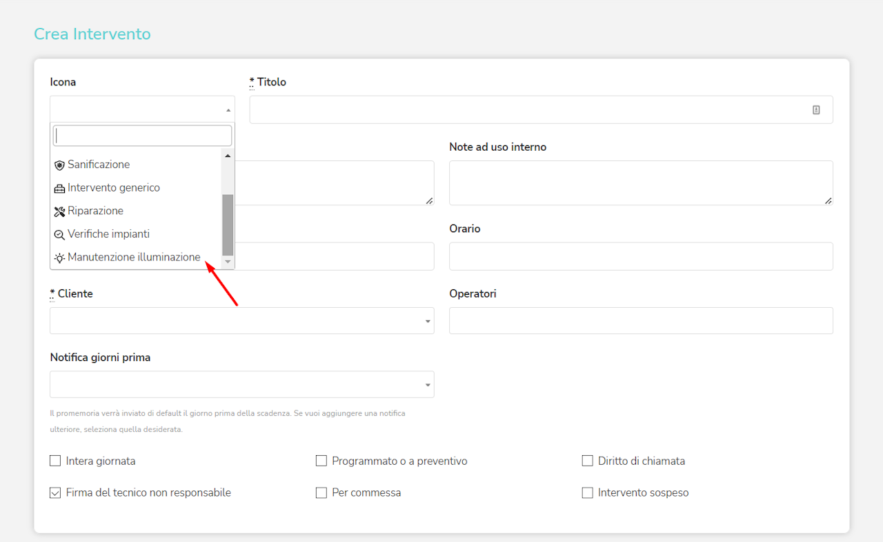 La sezione degli interventi mostra le nuove icone di Gestart App per personalizzarli
