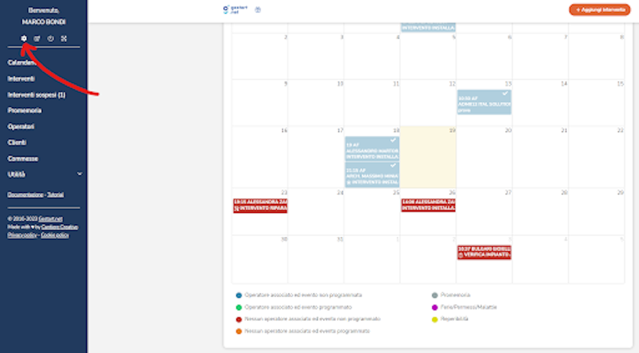 Schermata di Gestart app con freccia che indica la sezione delle impostazioni