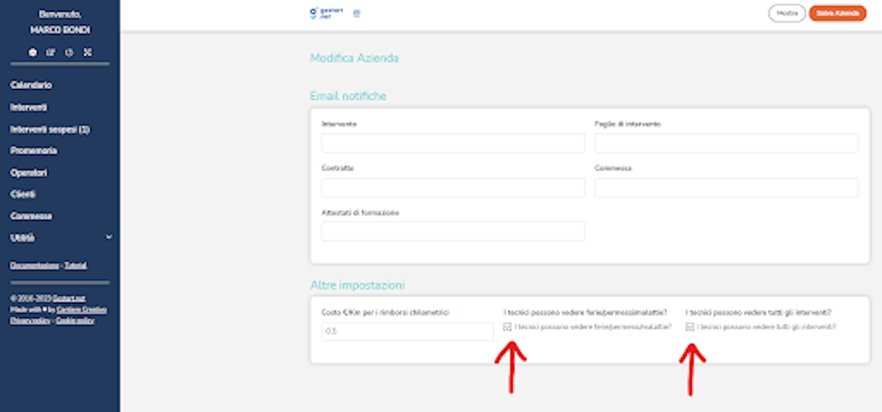 Schermata di Gestart app modifica azienda dove due frecce indicano cosa far vedere ai tecnici