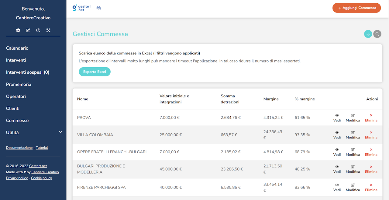 Schermata che mostra l'opzione per scaricare le commesse in file xls compatibile con Excel