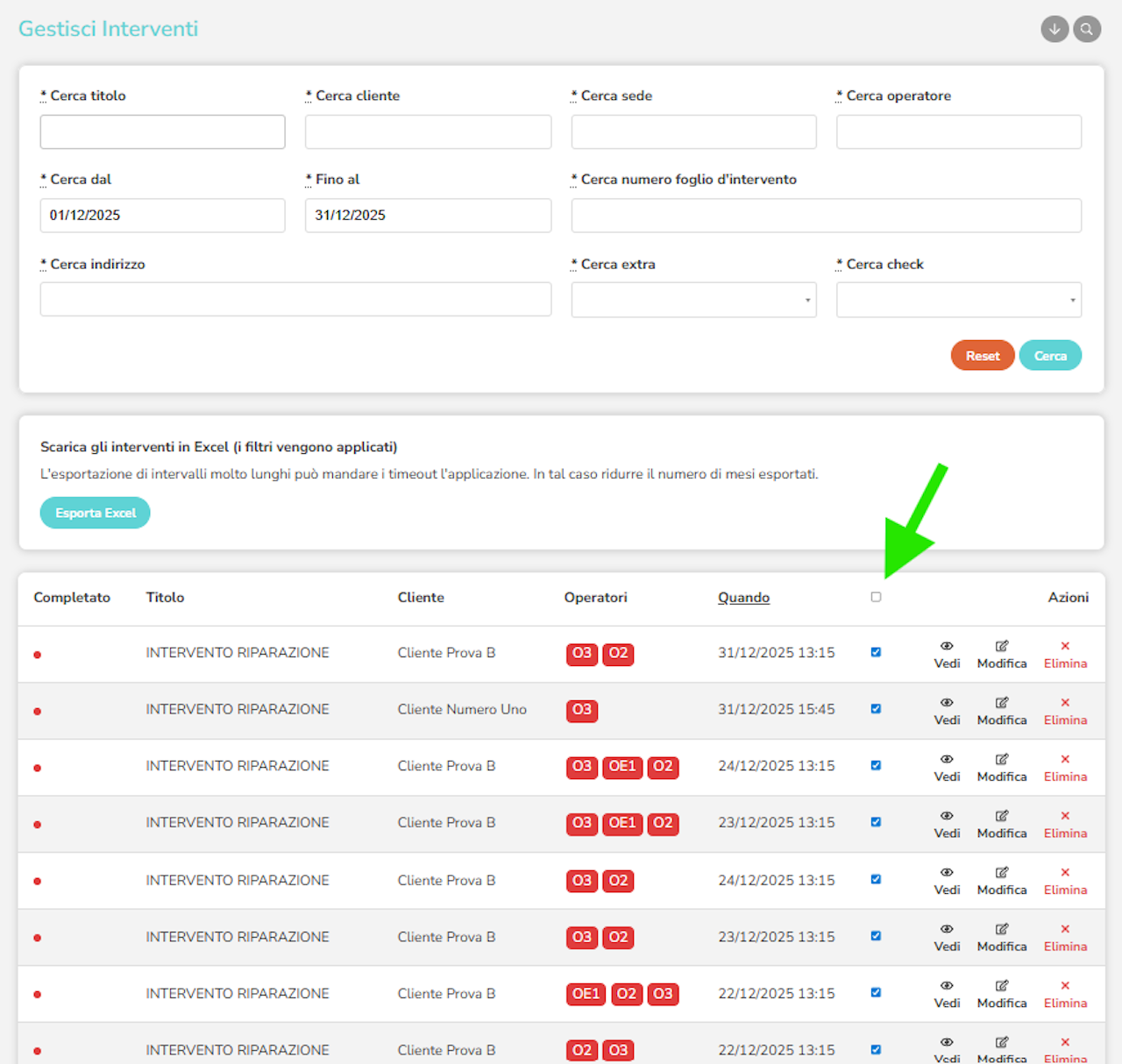 selezione massiva degli interventi da filtro