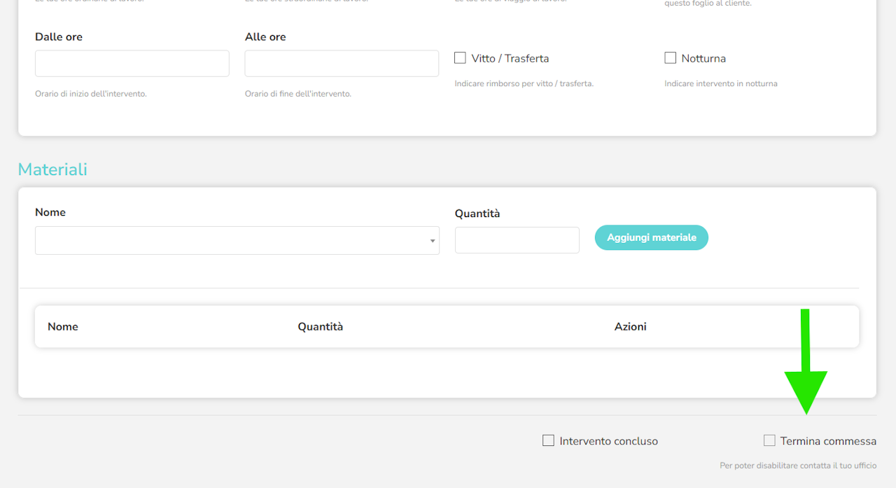 termina commessa da foglio d'intervento