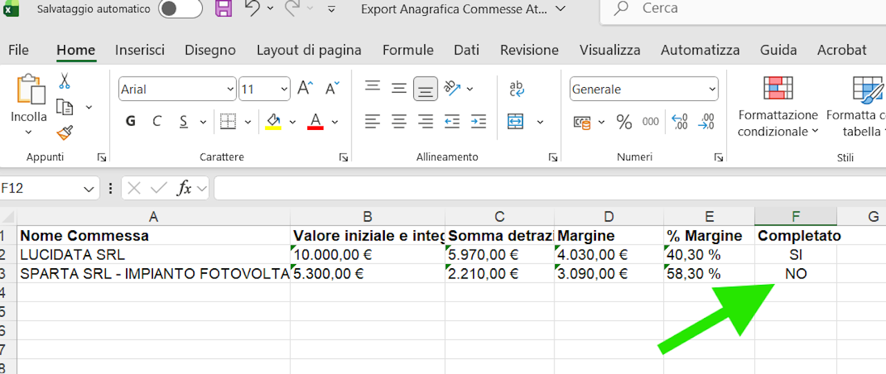 nuova colonna Completato Export commesse