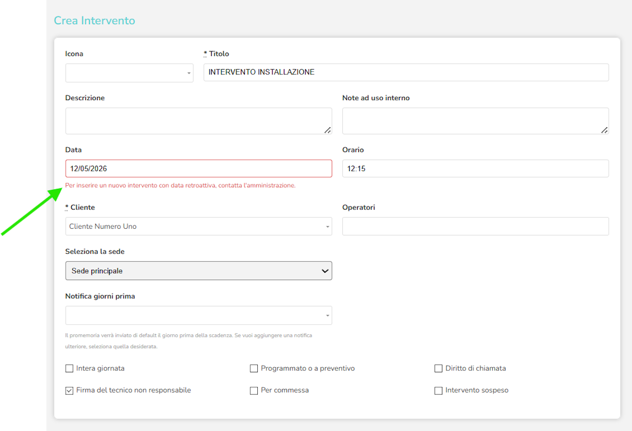 alert operatore per inserimento data intervento retroattiva