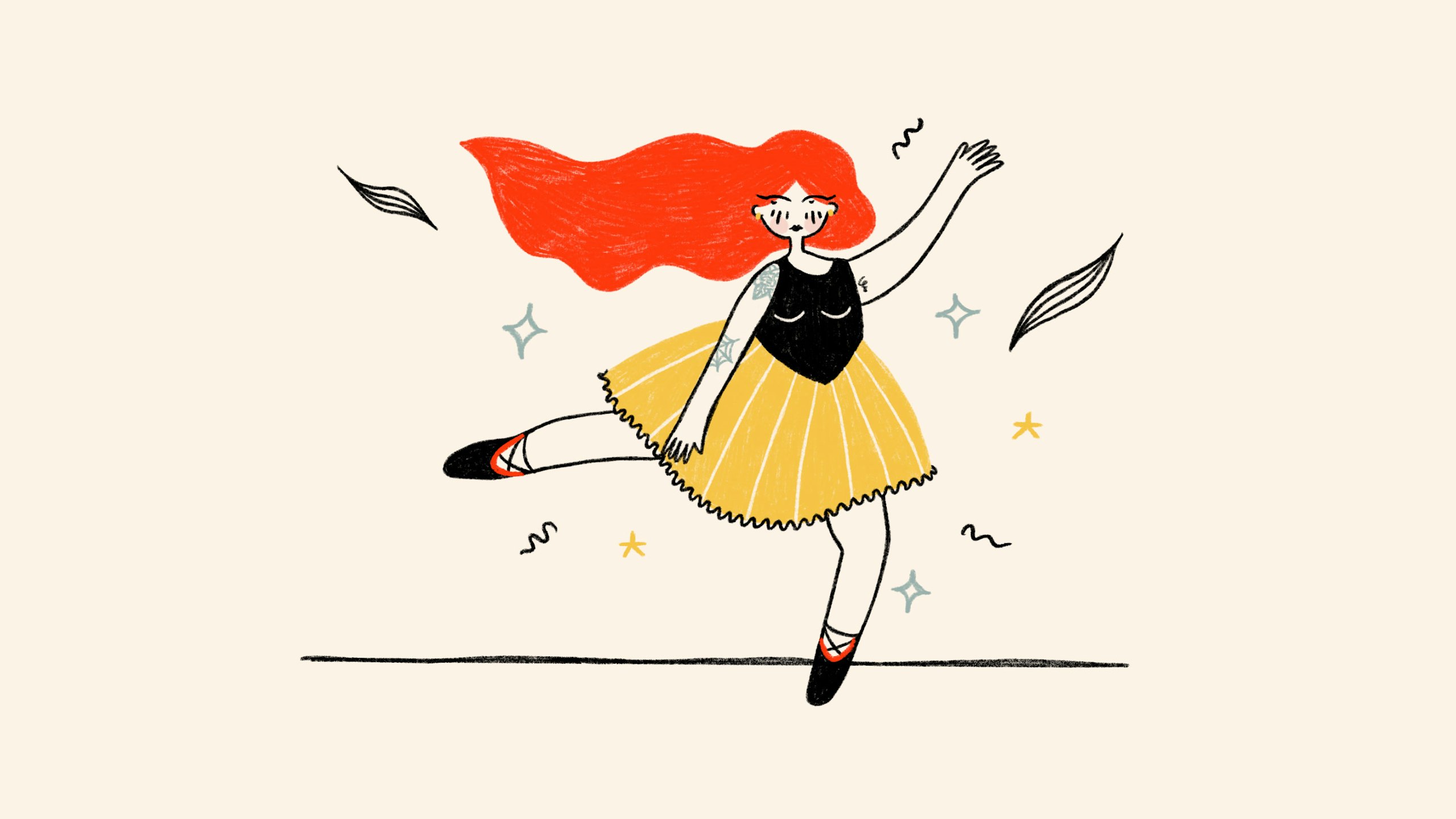 Tattooed Ballerina with red hair dancing, Illustration by Celeste Caiello