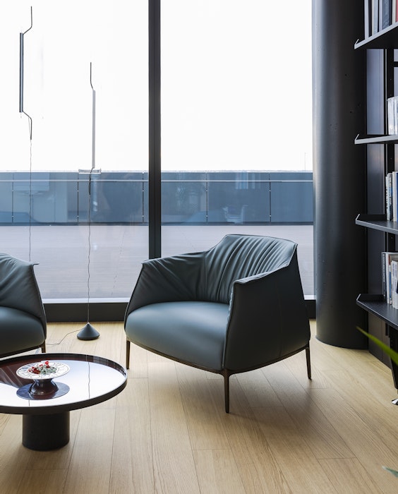 Office with armchairs and a bookshelf