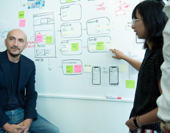 Stefano Stella (left) and Ruoshi Yang (right, pointing) infront of white board.