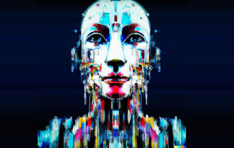 visual of humanized artificial intelligence, front view, vibrant colors, digital painting