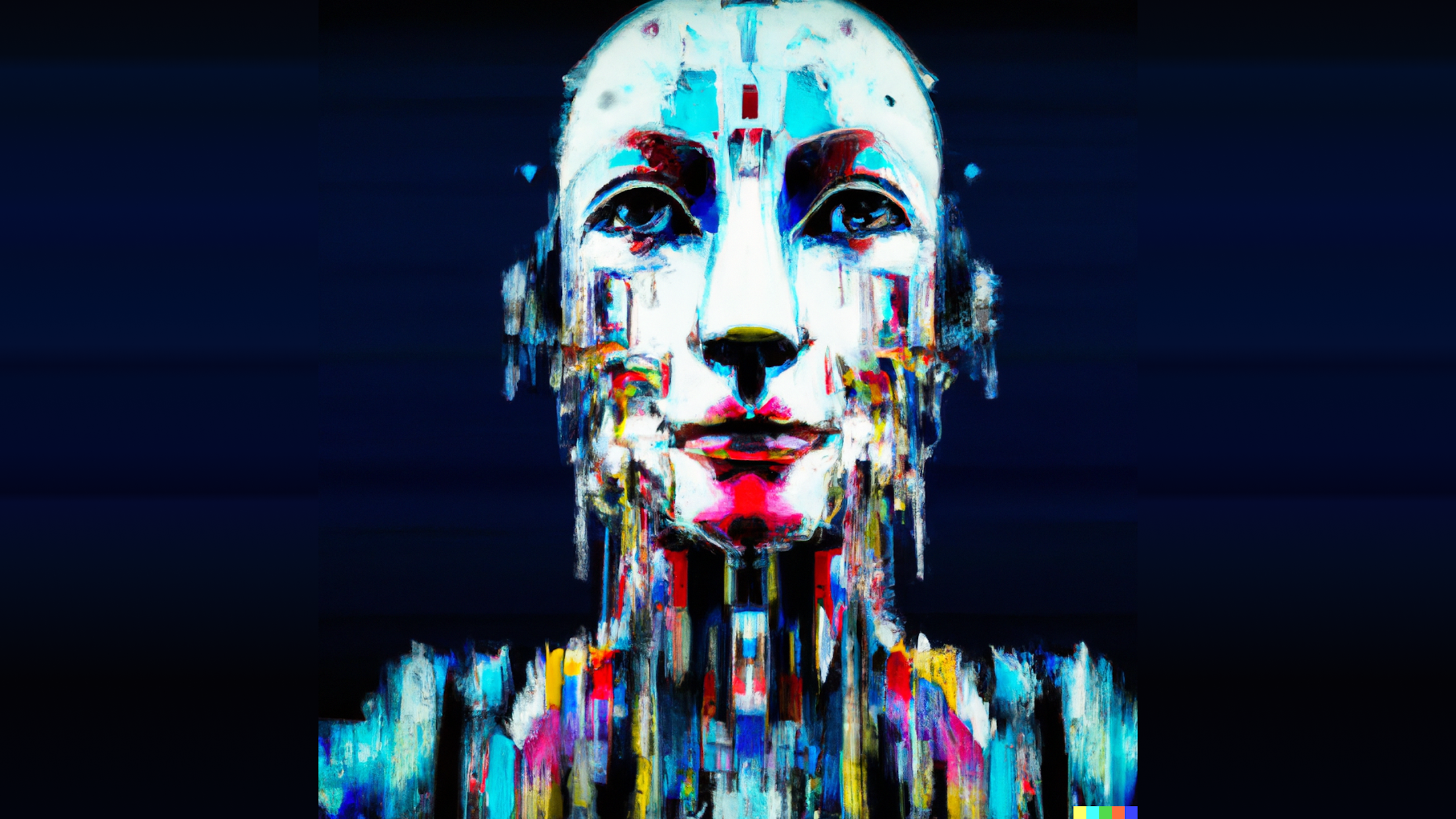 visual of humanized artificial intelligence, front view, vibrant colors, digital painting