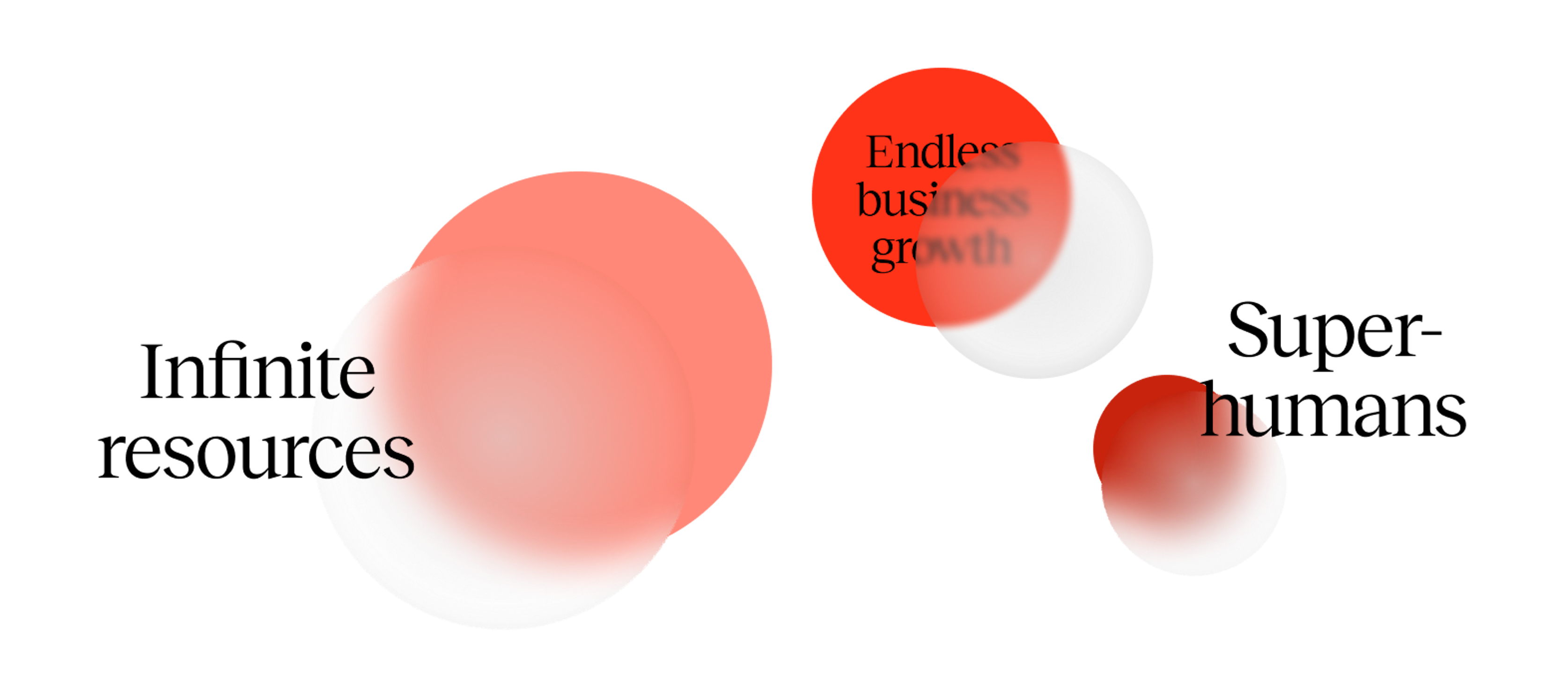 3 red circles that represent the three mirages: Infinite resources, Endless business growth and Super-Humans