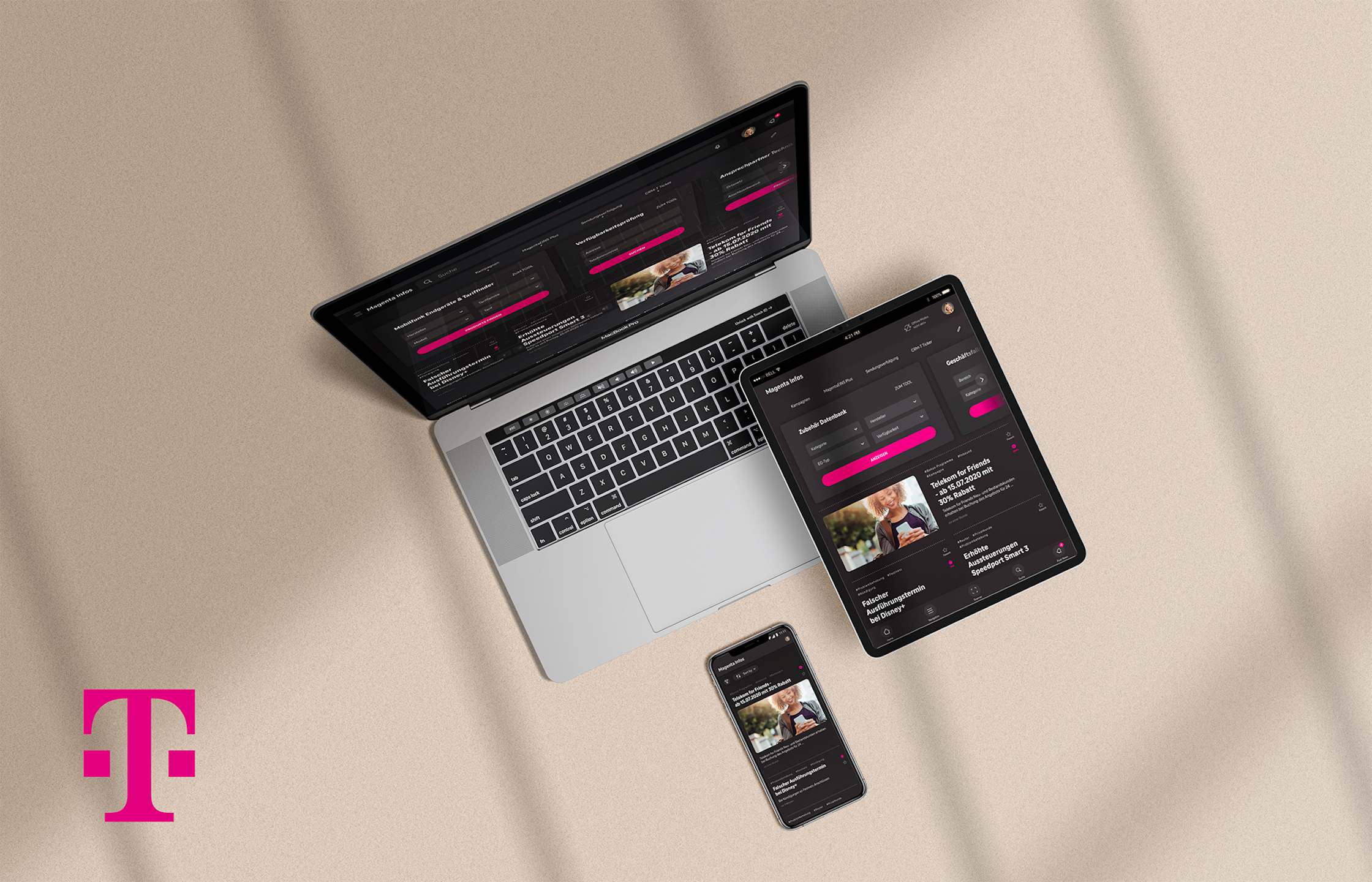 Mock-ups of the Telekom Employee Information Management System on different devices