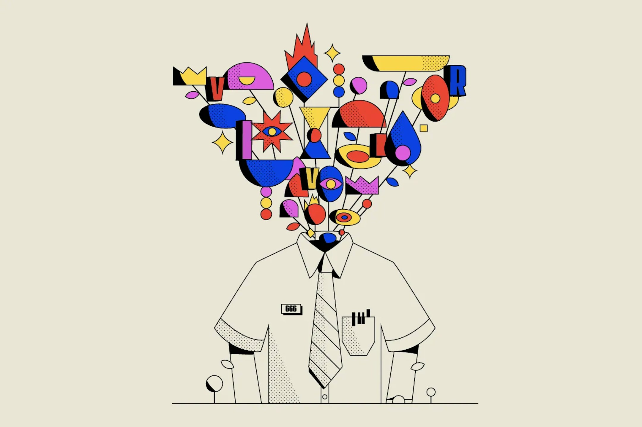 Black and white shirt illustration with random geometric forms coming out of the neck by Ozcar Aguilar