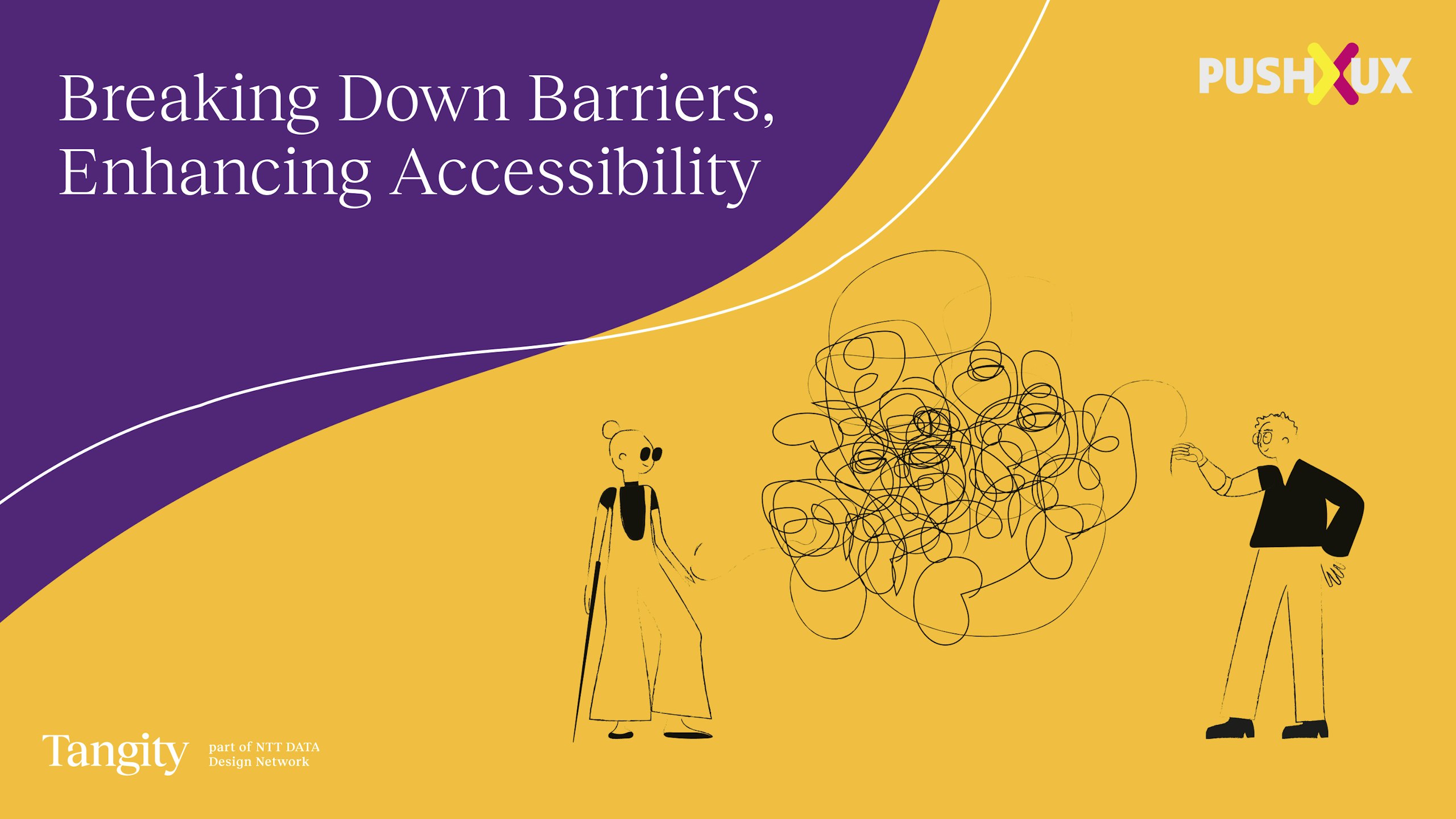 Graphic on accessibility. A blind woman and a man with glasses, a tangle between them. Event title above.