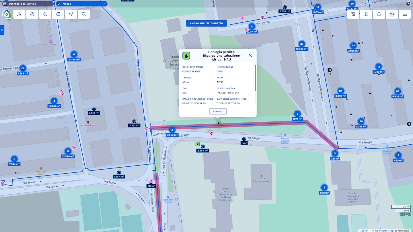Waidy user interface showing location of pipe repair