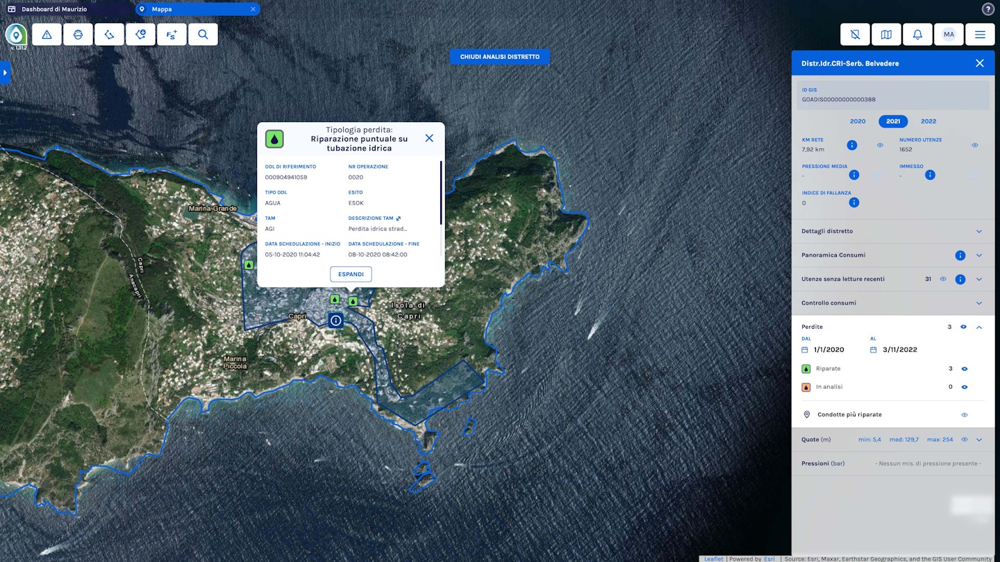 Waidy user interface showing location of intervention