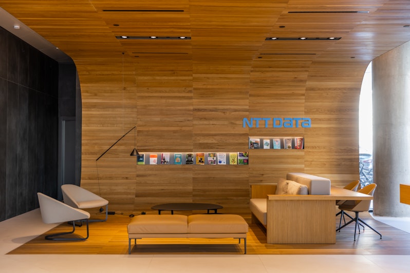 Barcelona studio foyer with seating area and books on display
