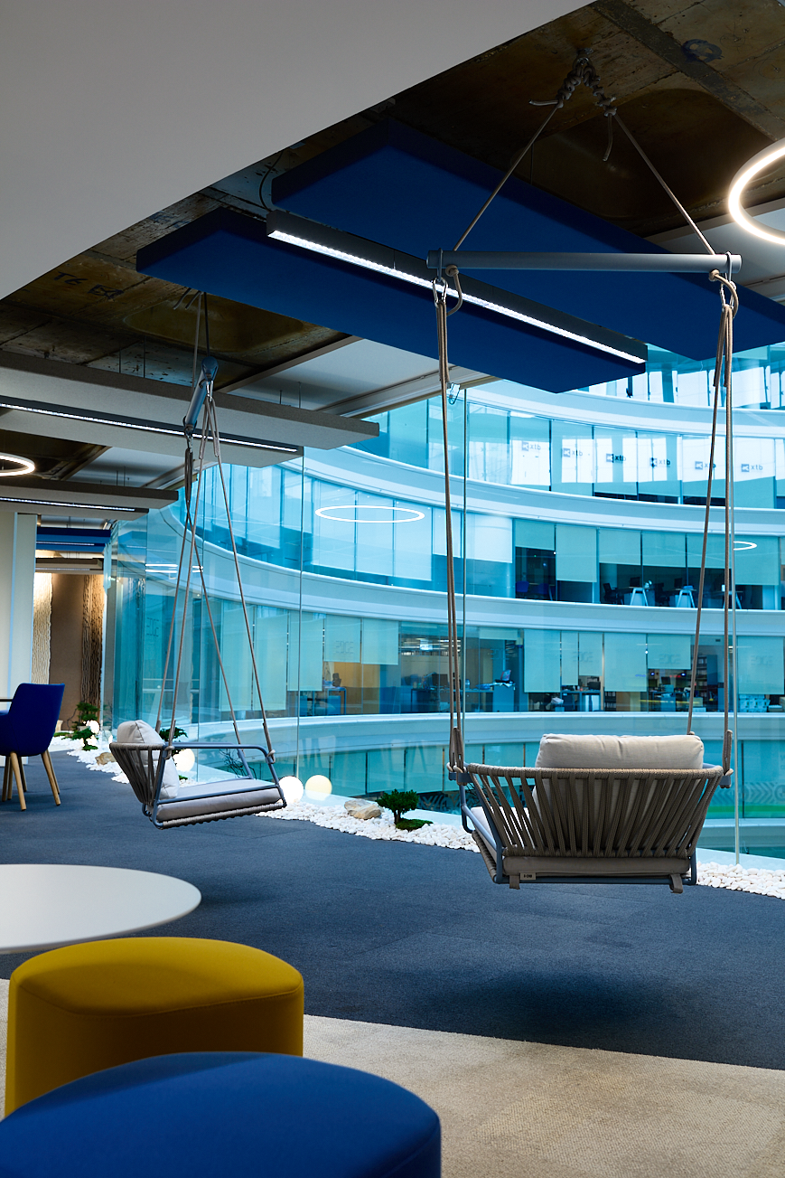Lisbon Studio's relaxation area has ceiling swings and poufs