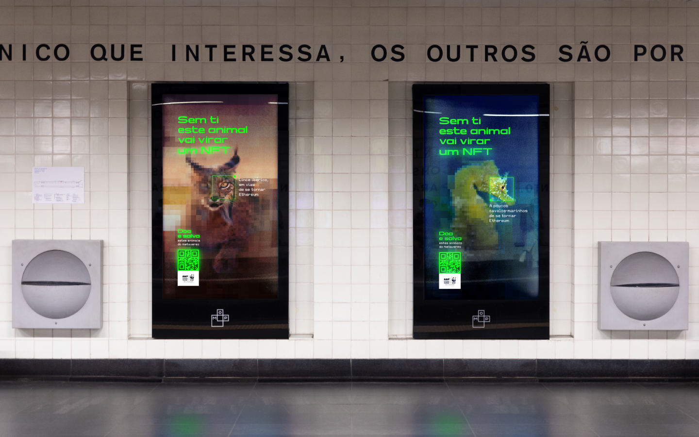Two posters featuring advertising in underground station